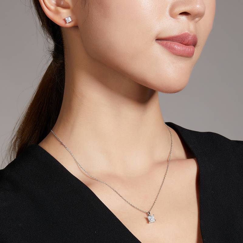 Classic正方形S925银镀白金MoissanitePendantStud Earring套装